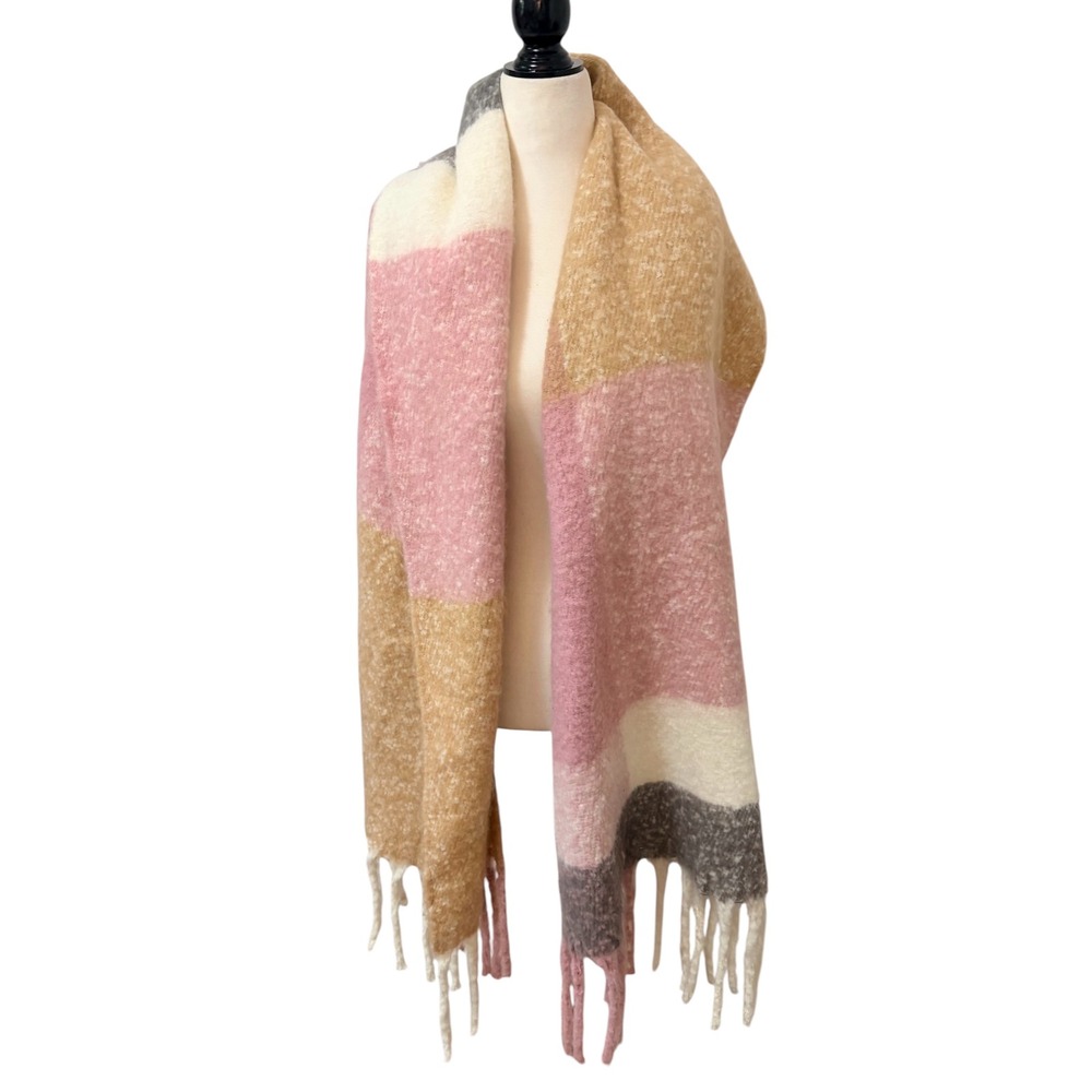 NEW Pink Tan Colorblock Oversized Blanket Scarf with Fringe OS Accessory - Picture 2 of 6